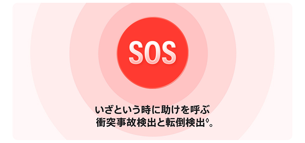画像：SOS　いざという時に助けを呼ぶ衝突事故検出と転倒検出◊。