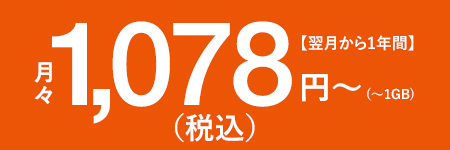 月々1,078円（税込）～【翌月から1年間】（～1GB）