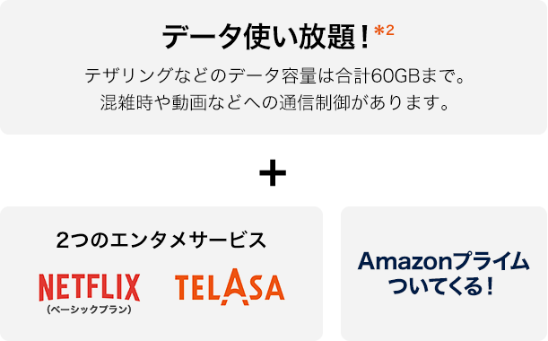 データ使い放題！+auのエンタメサービス　Netflix TELASA Amazonプライムついてくる！