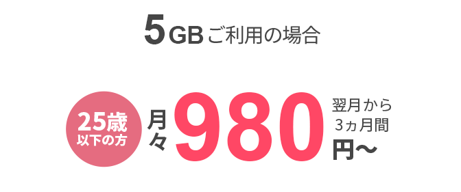 5GB利用の場合　25歳以下の方　月々980円～