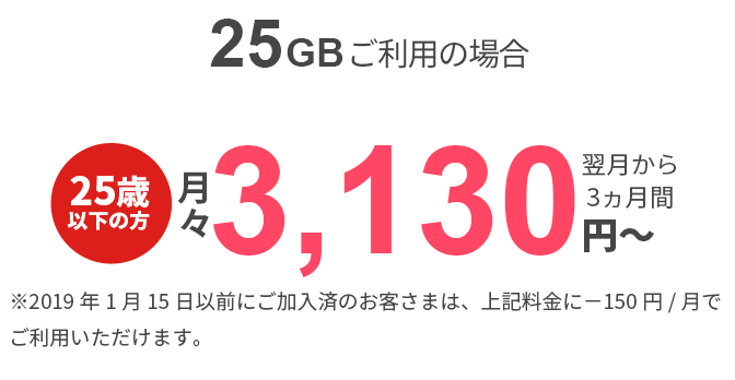 25GB利用の場合　25歳以下の方　月々3,130円～