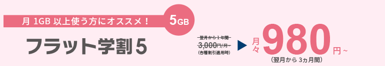 1GB超使うなら！　5GB　フラット学割5　月々980円～