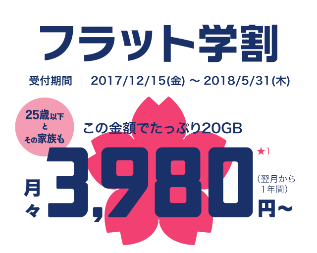 フラット学割 25歳以下とその家族も、この価格でたっぷり20GB！月々3,980円～(翌月から1年間)（各種割引適用時）