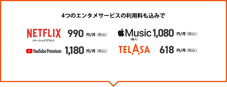 4つのエンタメサービスの利用料も込みでNETFLIX 990円／月（税込）、Apple Music 1,080円／月（税込）、YouTube Premium 1,180円／月（税込）、TELASA 618円／月（税込）