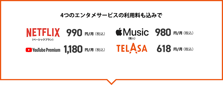4つのエンタメサービスの利用料も込みでNETFLIX 990円／月（税込）、Apple Music 980円／月（税込）、YouTube Premium 1,180円／月（税込）、TELASA 618円／月（税込）