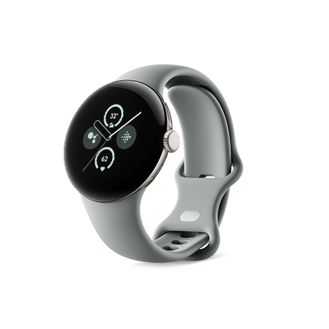 Google Pixel Watch 2 Champagne Gold アルミケース／Hazel アクティブバンド 斜め