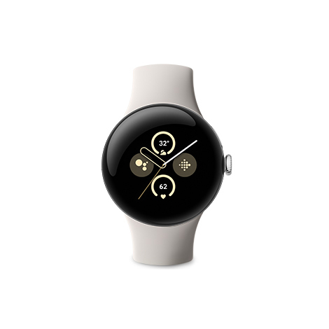 Google Pixel Watch 2 Polished Silver アルミケース／Porcelain アクティブバンド 正面