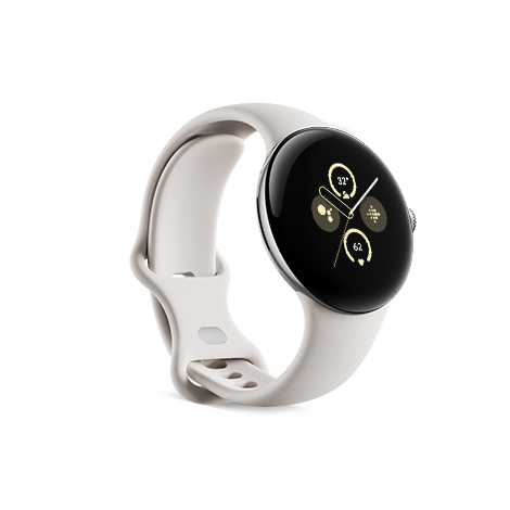 Google Pixel Watch 2 Polished Silver アルミケース／Porcelain アクティブバンド 斜め