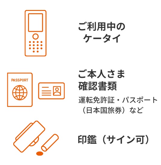 ご利用中のauケータイ　ご本人さま確認書類　運転免許証・パスポート（日本国旅券）など　印鑑（サイン可）