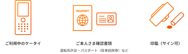ご利用中のauケータイ　ご本人さま確認書類　運転免許証・パスポート（日本国旅券）など　印鑑（サイン可）