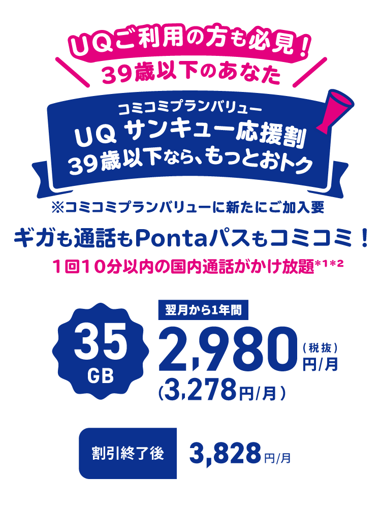 コミコミプランバリューUQサンキュー応援割39歳以下なら、もっとおトク
