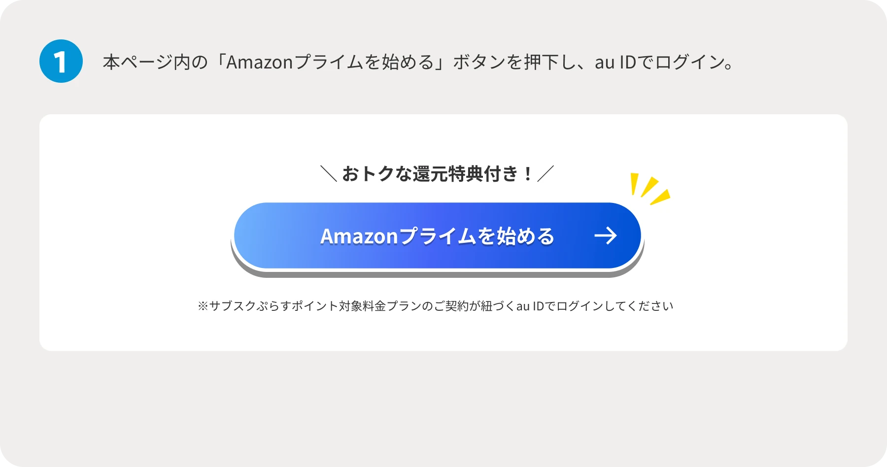 1 本ページ内の「Amazonプライムを始める」ボタンを押下し、au IDでログイン。 おトクな還元特典付き！ Amazonプライムを始める ※サブスクぷらすポイント対象料金プランのご契約が紐づくau IDでログインしてください