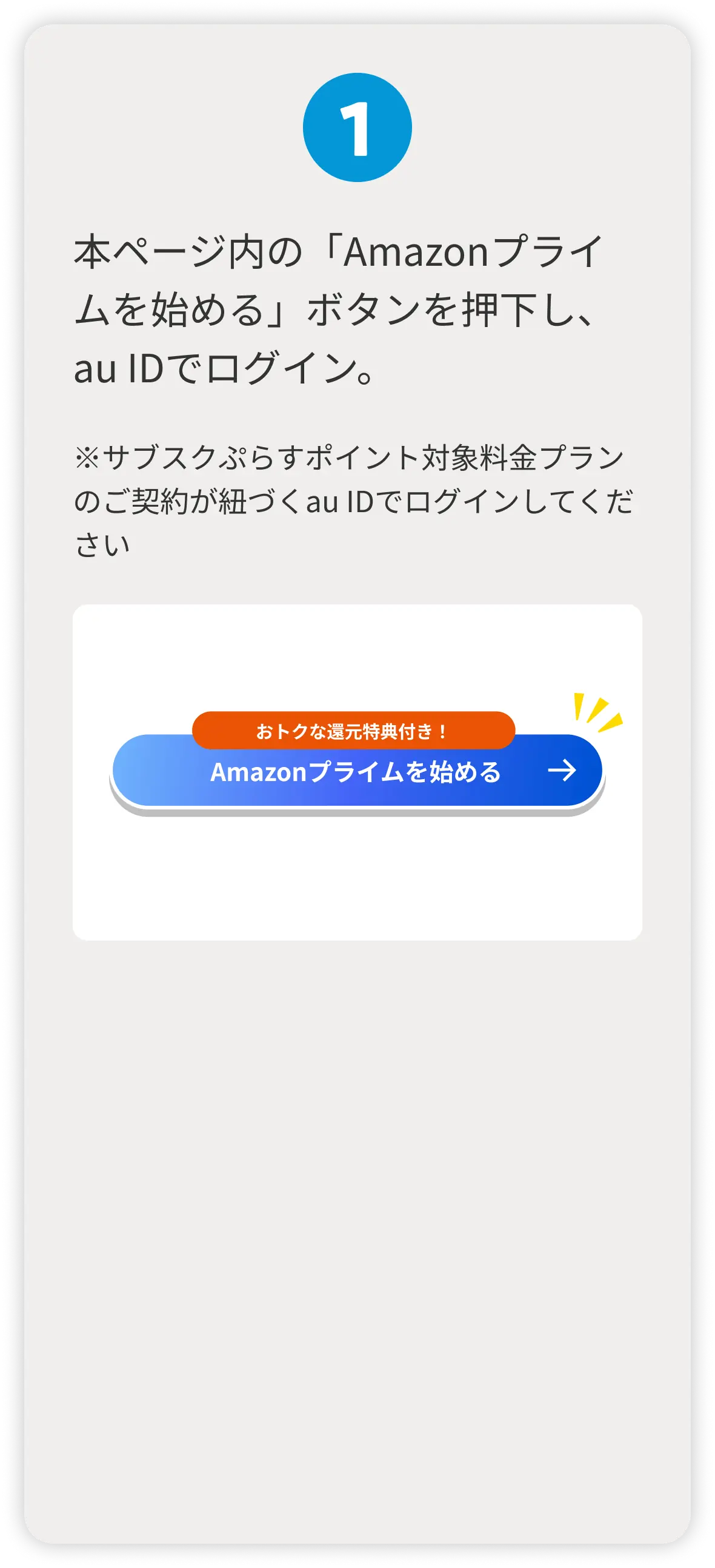 1 本ページ内の「Amazonプライムを始める」ボタンを押下し、au IDでログイン。 おトクな還元特典付き！  Amazonプライムを始める ※サブスクぷらすポイント対象料金プランのご契約が紐づくau IDでログインしてください