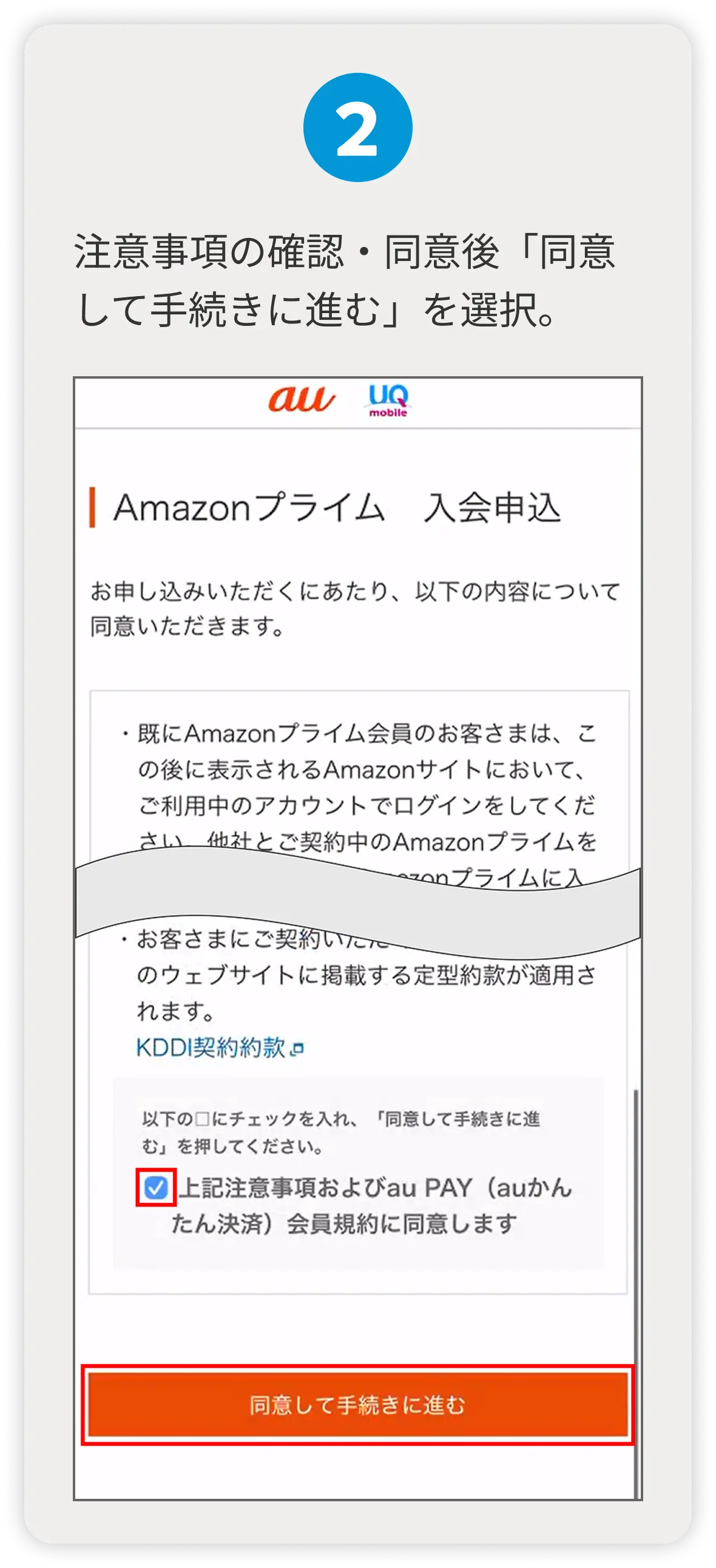 2 注意事項の確認・同意後「同意して手続きに進む」を選択。