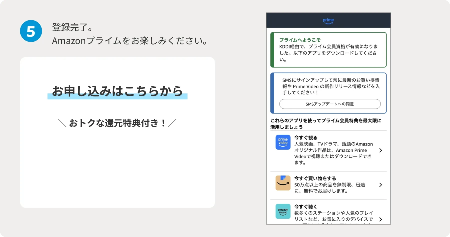 5 登録完了。Amazonプライムをお楽しみください。お申し込みはこちらから おトクな還元特典付き！