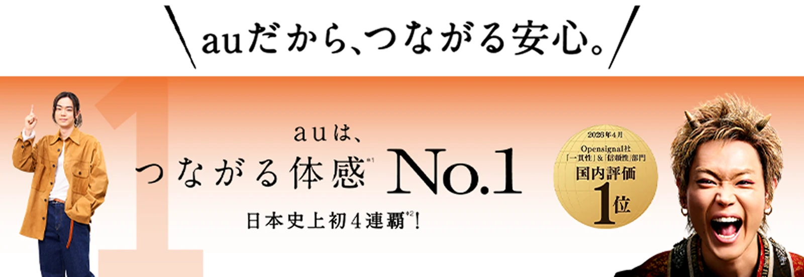 auだから、つながる安心。 auは、つながる体感No.1 日本史上初4連覇！ 2026年4月 Opensignal社 「一貫性」&「信頼性」部門 国内評価1位