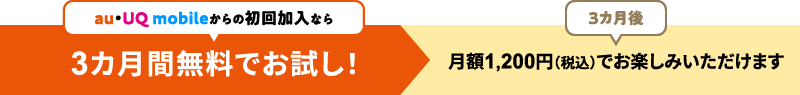 auとUQ mobileからの初回加入なら3カ月間無料でお試し！ 3カ月：月額1,200円（税込）でお楽しみいただけます