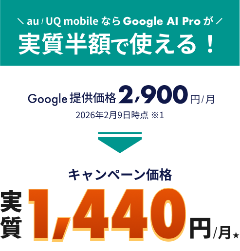 au / UQ mobileならGoogle AI Pro が実質半額で使える！Google提供価格2,900円/月。2026年2月9日時点。（キャンペーン価格）実質1,440円/月★