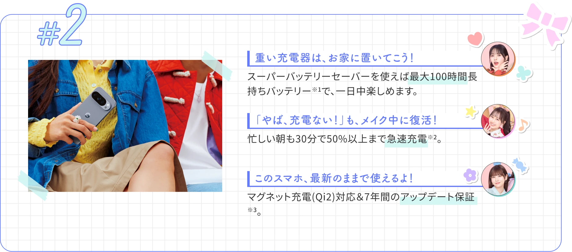 重い充電器は、お家に置いてこう！　スーパーバッテリーセーバーを使えば最大100時間長持ちバッテリー※1で、一日中楽しめます。　「やば、充電ない！」も、メイク中に復活！　忙しい朝も30分で50%以上まで急速充電※2。　このスマホ、最新のままで使えるよ！　マグネット充電(Qi2)対応＆7年間のアップデート保証※3。