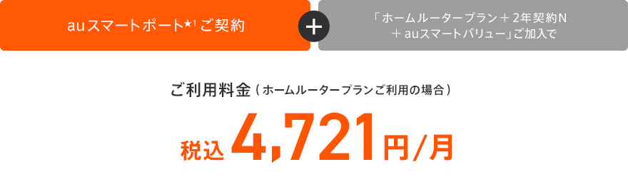 auスマートポートご契約 + 「ホームルータープラン ＋ 2年契約N ＋ auスマートバリュー」ご加入でご利用料金税込4,721円／月