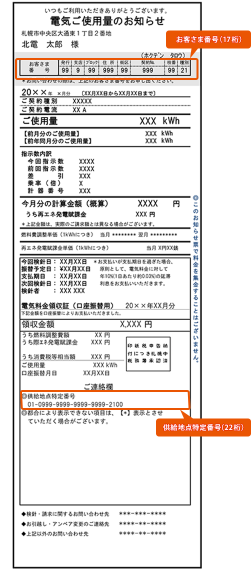 北海道電力の電気ご使用量のお知らせ（検針票）イメージ