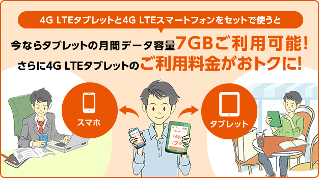 4G LTEタブレットと4G LTEスマートフォンをセットで使うと、今なら月間データ容量それぞれ7GBご利用可能！さらに4G LTEタブレットのご利用料金がおトクに！