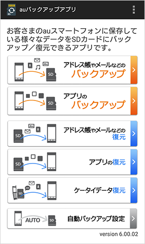 画面：SDカードにデータをバックアップ・復元するメニュー一覧が表示されます