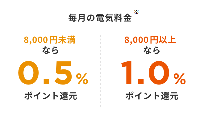 毎月の電気料金 8,000未満なら0.5%ポイント還元・8,000以上なら1.0%ポイント還元