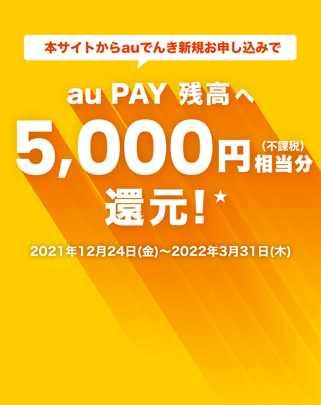 本サイトからauでんき新規お申し込みで au PAY 残高へ 5,000円相当分(不課税)還元|受付期間：2021年12月24日(金)～2022年3月31日(木)