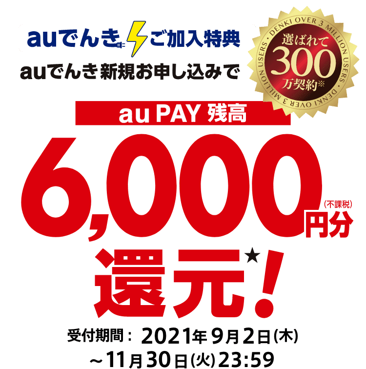 auでんき新規お申し込みでau PAY残高6000円分還元