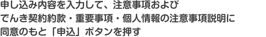 申し込み内容を入力して、注意事項およびでんき契約約款・重要事項・個人情報の注意事項説明に同意のもと「申込」ボタンを押す