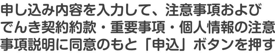 申し込み内容を入力して、注意事項およびでんき契約約款・重要事項・個人情報の注意事項説明に同意のもと「申込」ボタンを押す