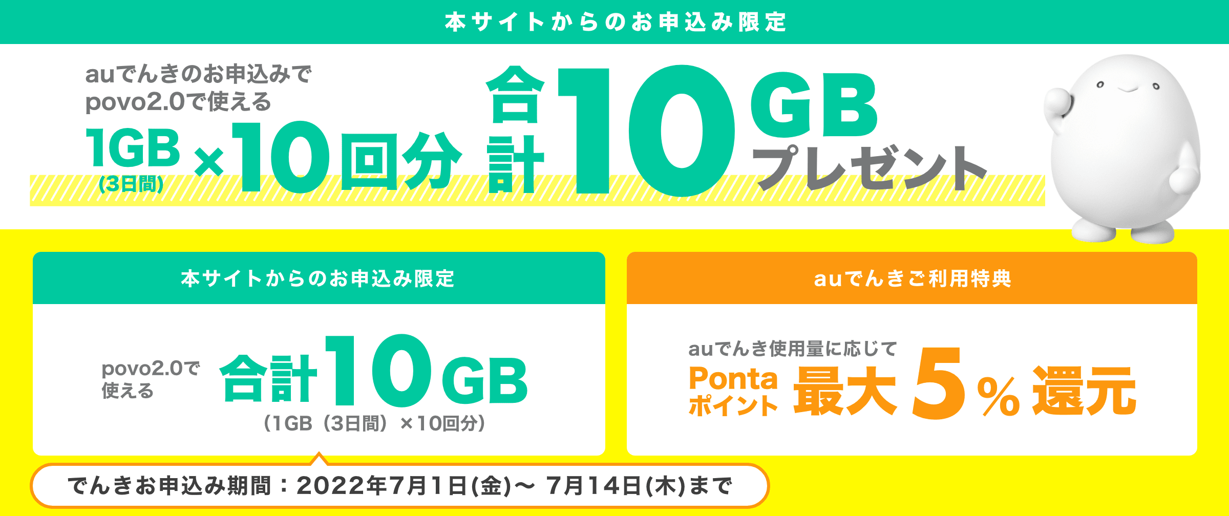 povo2.0のお客さまはauでんきへの新規お申込みで最大10GBプレゼント